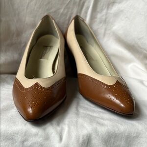 Cream and Brown Leather Low Heels with Pointed Toe